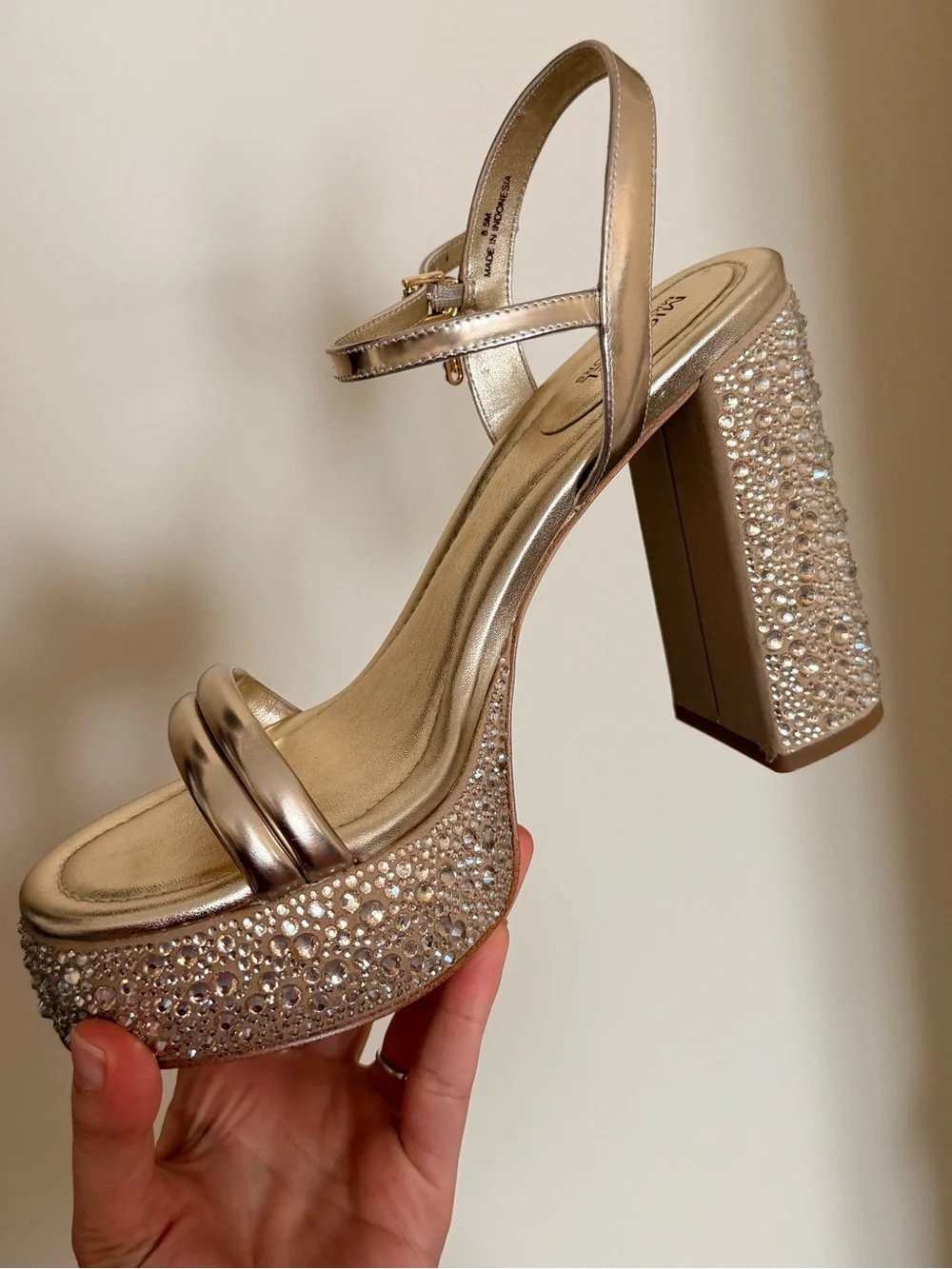 Michael Kors Rose Gold Platform Sandals with Crystal-Embellished Heel
